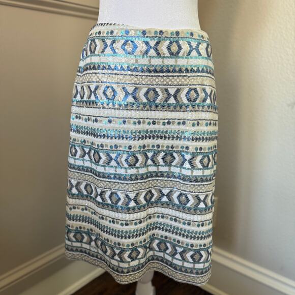 Mark Zunino Sequined Aztec Skirt Blue & Gold Stretchy Pencil Skirt Size 6 -G0212 - Picture 1 of 5